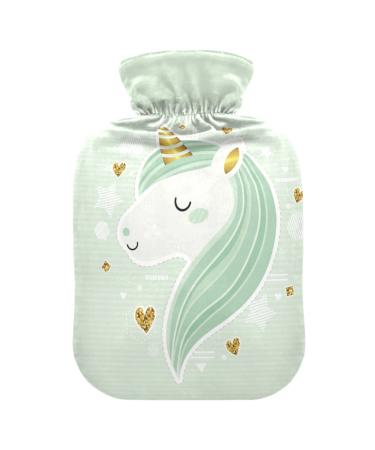 Unicorn hot water bottle with cover light green soft warm for winter bed hand neck and shoulders 1 l