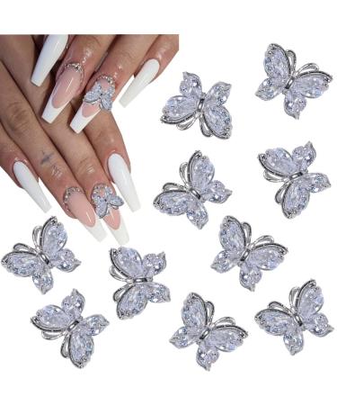 KACHIMOO Butterfly Nail Charms 10 PCS 3D Alloy Butterfly Nail Rhinestones Nail Art Charms Butterfly Charms for Nails Design Nail Art Decorations Silver
