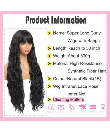 Sylhair 75 cm Black Water Wave Wig for Women | Long Wavy Synthetic Wig with Bangs | Super Long 1B Black Wig - Buy Online on GoSupps.com