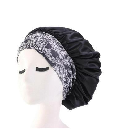 Tossper women satin night sleeping cap wide elastic hair cover hat women headband bonnet for curly springy hair black