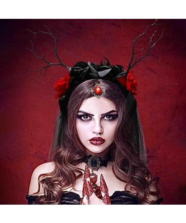 Vakkery Halloween Day of the Dead Headband Black Veil Headbands Mexican Rose Flower Hair Band Gothic Antlers Headdress Halloween Cosplay Costume Hair Accessories for Women - Buy Online on GoSupps.com
