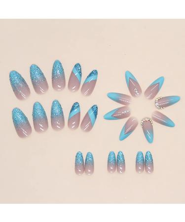 Buy IMSOHOT Almond Press on Nails - Medium Blue Glitter Gradient False Nails with Rhinestones - 24pcs Glossy Acrylic Nail Designs for Women - Buy Online on GoSupps.com