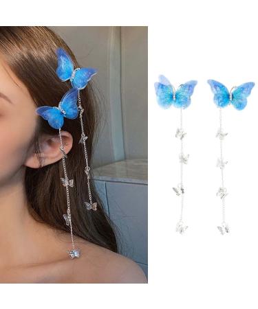 Bartosi Butterfly Hair Clips Fabric Butterflies Hair Barrettes Tassel Hairpin Cute Rhinestone Bobby Pins Hair Accessories for Women and Girls (Pack of 2) (Blue)