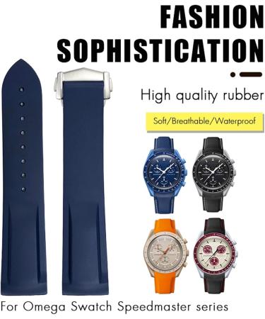 SAWIDEE 22mm Curved Rubber Watch Strap for Omega Speedmaster & Seamaster 300 - Blue/White with Rose Buckle | International Shipping Available - Buy Online on GoSupps.com