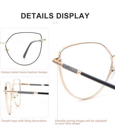 Okh Blue Light Filter Cat Eye Glasses for Women - Anti-Glare Stylish Metal Frame with Bling Decoration for Gaming & Reading - Gold & Black - Buy Online on GoSupps.com