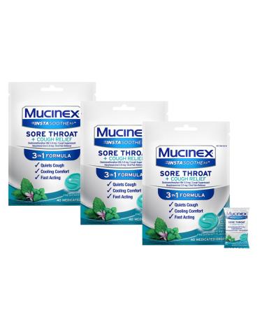 Mucinex InstaSoothe Sore Throat + Cough Relief Alpine Herbs & Mint Flavor Fast Acting Cooling Comfort Powerful Sore Throat Oral Pain Reliever 40 Medicated Drops (40 Count (Pack of 3))