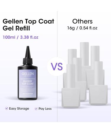 Gellen 100ml No Wipe Gel Top Coat - Long Lasting High Gloss Clear Nail Polish | UV Light Cured Soak Off | Salon Quality Gel for Beautiful Nails - Buy Online on GoSupps.com