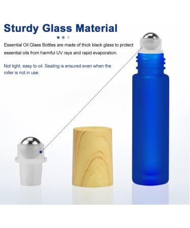 Frosted Glass Essential Oil Roller Bottles 10pcs - Dark Blue, Wood Grain Cap, Stainless Steel Roller Balls - 10ml Empty Perfume Bottles - Buy Online on GoSupps.com