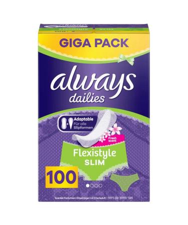 Always Dailies Women's Slim Fresh Normal Panty Liners (100 Pads) Giga Pack with Fresh Fragrance Suitable for All Panty Shapes Breathable Flexible 100 Count (Pack of 1)