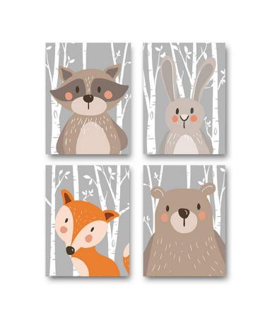 Set of 4 Nursery Baby Room Posters DIN A4 Pictures Girls /Boys Decoration for Children's Rooms Forest Animals Safari Scandinavian grey