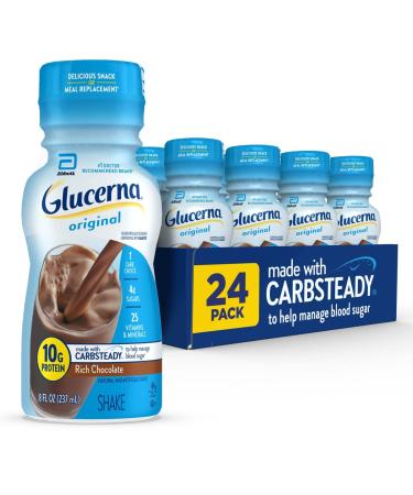 Glucerna Nutritional Shake, Diabetic Drink to Support Blood Sugar Management, 10g Protein, 180 Calories, Rich Chocolate, 8-fl-oz Bottle, 24 Count