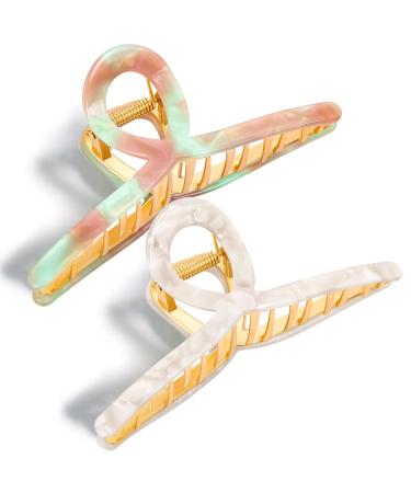 Metal Hair Claw Clips  Sublaga 2 Pcs Large Hair Clips  Shark Hair Clip Strong Hold Hair Claw Clip  Hair Accessories for Women and Girls (Dazzling pink green + pearl white)