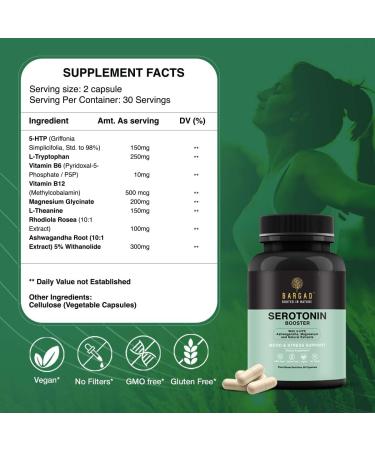Bargad Serotonin Support Supplement Helps Boosts 5HTP Serotonin & Cortisol Levels Herbal Blend Promotes Positive Mood Calmness Stress Relief | Happy Mood & Brain Support | 60 Capsule - Buy Online on GoSupps.com