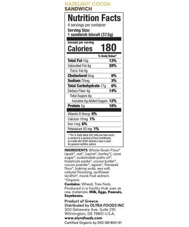 OLYRA Organic Breakfast Sandwiches Biscuits Hazelnut Cocoa Butter - Low-Sugar High Fiber Protein Vegan Healthy Snacks Individually Wrapped Cookies (1 Box of 4 Packs  1 Sandwich per Pack) Hazelnut Cocoa 5.3 Ounce (Pack of - Buy Online on GoSupps.com