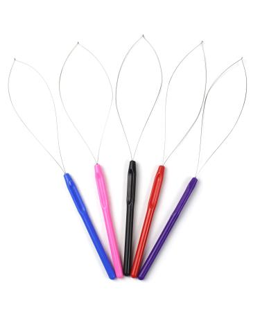 Euvoym 5 Pieces Hair Extension Loop Needle Threader Wire Pulling Hook Tool for Micro and Nano Rings Beads Hair Extension