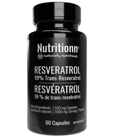 Resveratrol 99% Trans-Resveratrol by Nutritionn - 500 mg per Capsule 1000 mg Serving - Premium Natural Health Supplement