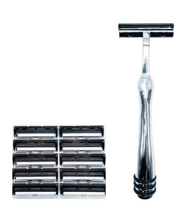 Taconic Shave’s Heavyweight All Metal Non-Pivoting Twin Blade Cartridge Razor Shaving Razor with Chrome Handle 10 Taconic Shave Cartridge Blades Included