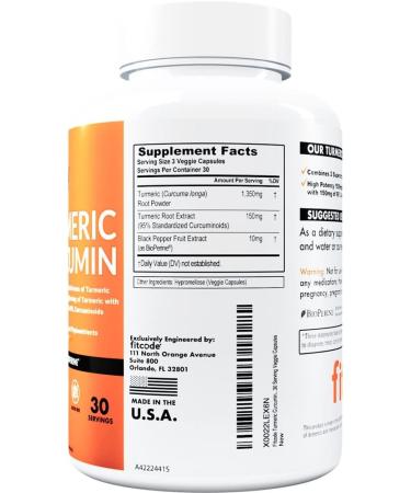 Fitcode 1500mg Turmeric Curcumin with 95% Curcuminoids & BioPerine - Highest Potency, Gluten-Free, Non-GMO - 30 Veggie Capsules - Buy Online on GoSupps.com