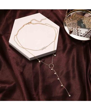 Boho Circle Pearl Lariat Necklace | Gold Long Chain & Tiny Pearl Choker | Unique Jewelry Gifts for Women & Girls - Buy Online on GoSupps.com