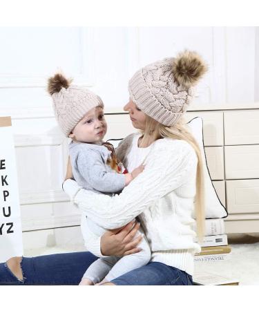 2PCS Family Matching Winter Knit Hats - Mother & Baby Ski Cap Set in Pink - Buy Online on GoSupps.com