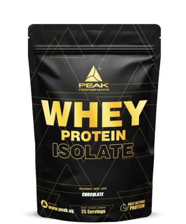 Peak Whey protein isolate - 750g taste chocolate i 25 portions i very high protein content made of 100% whey protein -isolate I sugar and fat arm for muscle build -up & maintenance chocolate