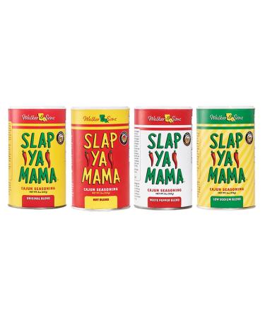 Slap Ya Mama All Natural Cajun Seasoning 1 each of Original, Hot, White Pepper & Low Sodium Pack Of 4