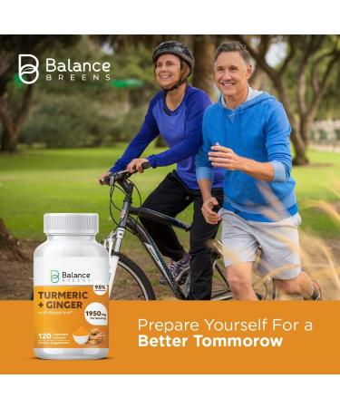 Turmeric Curcumin Ginger 1950mg with Black Pepper - 120 Vegan Capsules, Bioperine for Absorption - Inflammatory Support & Brain Health by Balance Breens - Buy Online on GoSupps.com