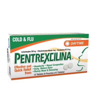 Pentrexcilina Daytime Cough Cold & Flu Relief Sore Throat Fever Congestion Itchy Watery Eyes Runny Nose & Sneezing - 12 Tablets