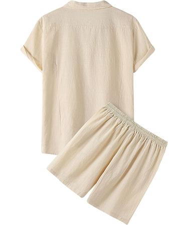 GXLONG Men's Casual Cotton Linen 2 Piece Pajama Set - Short Sleeve Shirt & Drawstring Shorts | Loungewear & Beach Yoga Outfit | XX-Large, Khaki - Buy Online on GoSupps.com