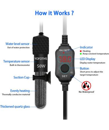 YOFOTHS Aquarium Heater with Built-in Thermometer | Adjustable Mini Tank Heater for 1-40 Gallon Tanks | External Temperature Controller - Buy Online on GoSupps.com