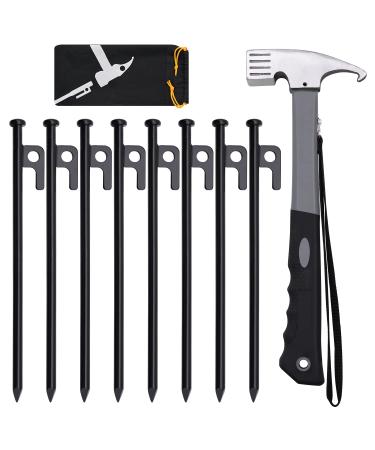 Tent Stakes and Hammer Set, 8/16pcs 10in Heavy Duty Forged Steel Tent Stakes + 12in Heavy Duty Camping Hammer + Storage Pouch, Available in Rocky Place Dessert Snowfield and Grassland 8 stakes and hammer