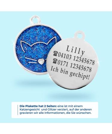 Personalized Ibera Gifts for Medium to Large Cats - Round Shape Cat Collar with Engraved Name & Address | Blue Glitter Design - Buy Online on GoSupps.com