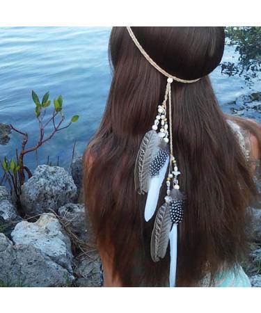 Runmi Boho spring headband hippie style Indian headdress 1920s spring head chain hair part jewelry for women and girls (C)