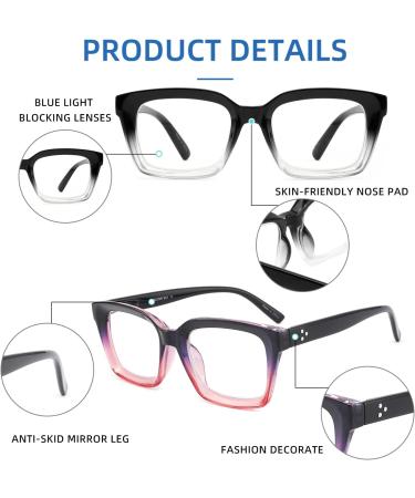 Retro Oversized Blue Light Blocking Reading Glasses for Women - Oprah Style Large Thick Frame with Spring Hinge - Black/Transparent + Purple/Pink 2.25 - Buy Online on GoSupps.com