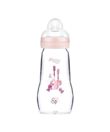 MAM Feel Good Glass Baby Bottle Wide Mouth Milk Bottle with Size 1 Teat +0 month - pink Squirrel & Bird - 260 ml