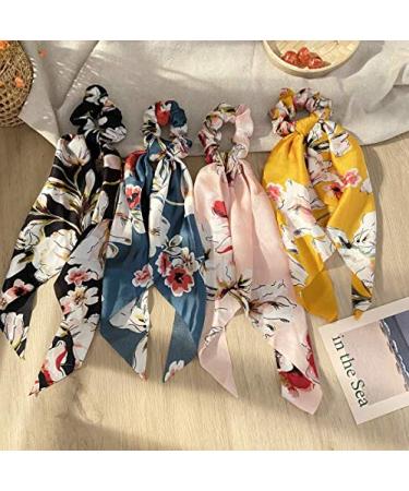 Aksod Floral Silk Scarf Scrunchy Ribbon Hair Scrunchies - Pack of 4 | Vintage Headband Ponytail Holders for Women and Girls - Buy Online on GoSupps.com