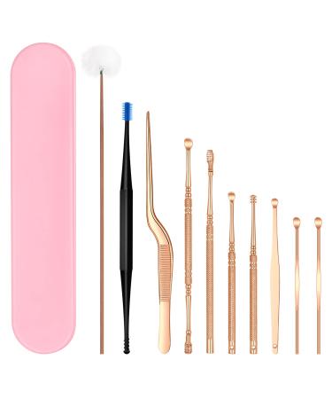 DJCIW 10Pcs Ear Wax Removal Stainless Steel Ear Wax Removal Tool Ear Cleaning Kit Ear Curette Cleaner Ear Picks Digger Tweezers Spiral Spring Ear Spoon Set with Storage Box (Rose Gold)