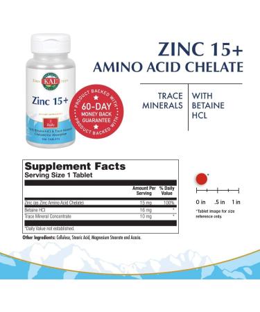 KAL Zinc 15+ with Betaine HCL & Trace Minerals - 100 Tablets for Immune Support - Buy Online on GoSupps.com