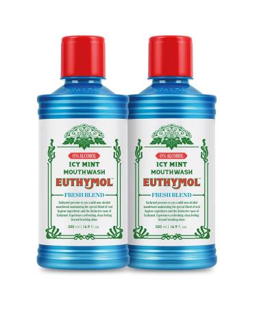 Euthymol Mouthwash Icy Mint 500ml X2 Avec Fluorure Sans Alcool Go t Intense R duit la Plaque Nettoie Dents & Gencives Haleine Fra che Soin Oral Quotidien