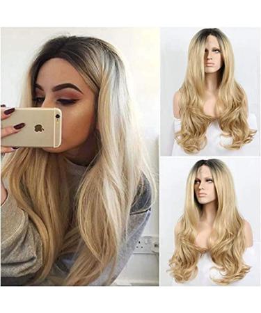 Natural look blond body wavy synthetic top front wig with dark roots high quality black/blonde ombred heat -resistant hair fiber