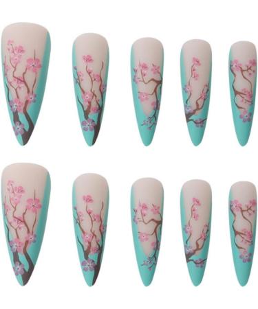 JUSTOTRY 24 Pcs Flower Stiletto Fake Nails Long Green French Press on Nails | Almond Stick on Nails for Women | Acrylic Extra Long False Nails with Glue for Nail Art - Buy Online on GoSupps.com