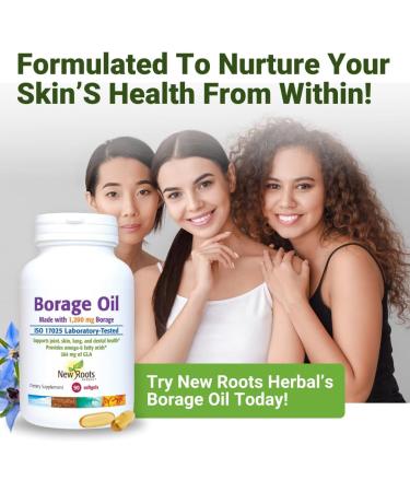 NEW ROOTS HERBAL Borage Oil Supplement 1200 mg | GLA Supplement (264mg) with Linoleic Acid (444mg) | Borage Seed Oil Cold-Pressed 100% Hexane-Free for Skin & Hair (90 softgels) Borage Oil 90CT 1200Mg - Buy Online on GoSupps.com