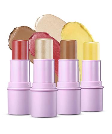 LUXAZA 4Pcs Contour Stick Makeup Set  Highlighter & Cream Bronzer & Blush & Moisturizer Pen  Illuminator Highlighting Makeup For Face Brightens & Shades Pencil  Non-greasy Long Lasting Shades Pencil 03 Pink Set