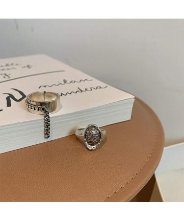 S925 Gothic Signet Knuckle Ring Set - 2Pcs Chain Tassel Midi Ring for Women & Girls - Carved Medallion Design - Buy Online on GoSupps.com