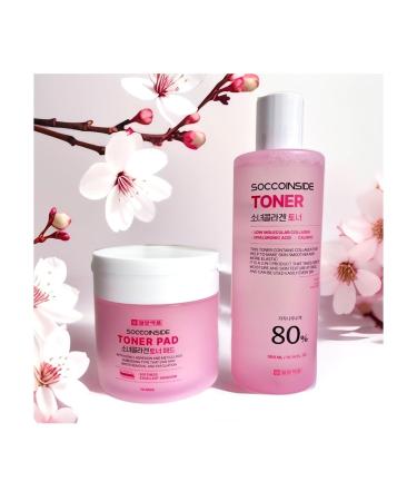 Korean Facial Soccoinside Girl Collagen Toner&Pad - Toner (300mL/10.14 FL. OZ.)/ Pad (70Pads) - 100% Natural Cotton: Nourishing Hydrating Moisturizing Exfoliating and Rejuvenating