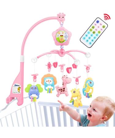 Baby mobile for crib with lights and musicial Projection Hanging Rotating Teether for girl (Pink) Pink-forest