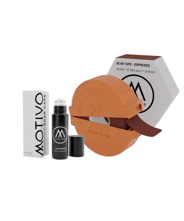 Motivo Advanced Scar Care Bundle: Scar Tape & Roller Serum (10ml) | Water & Sweat Resistant Long-Lasting Suitable for All Skin Types | Ideal for Surgical C-Section Trauma & Acne Scars | Espresso