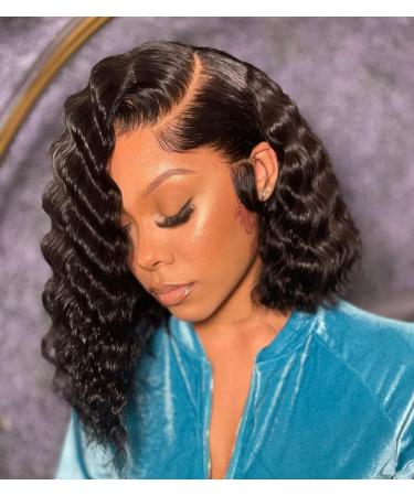 Water Wave Lace Front Wig Human Hair Wet and Wavy 13x4 Lace Front Bob Wig Brazilian Curly Human Hair Closure Wig for Black Women 150% Density Pre Plucked (10, water wig) 10 water wig