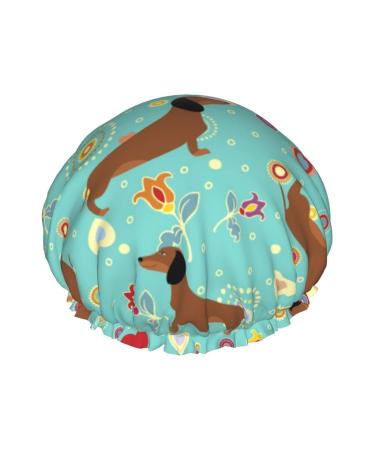 Dachshunds on Turquoise Floral Shower Cap for Women Double Waterproof Layers Bathing Shower Hat Large Designed for all Hair One Size Dachshunds On Turquoise Floral