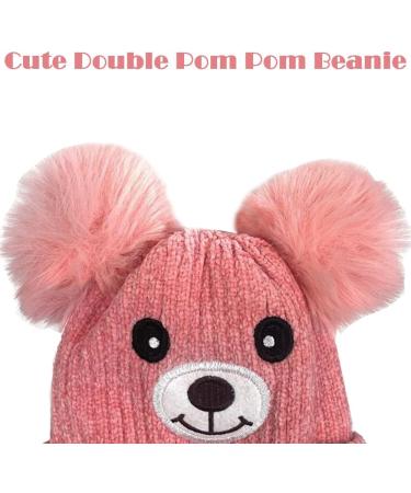 Cute Bear Kids Winter Hat | Dual Pom-Pom Ear Flaps | Fleece Lined Earflap Cap for Boys & Girls 1-5 Years | Chenille Knitted Warm Hat | Toddler Cold Weather Beanie - Pink - Buy Online on GoSupps.com